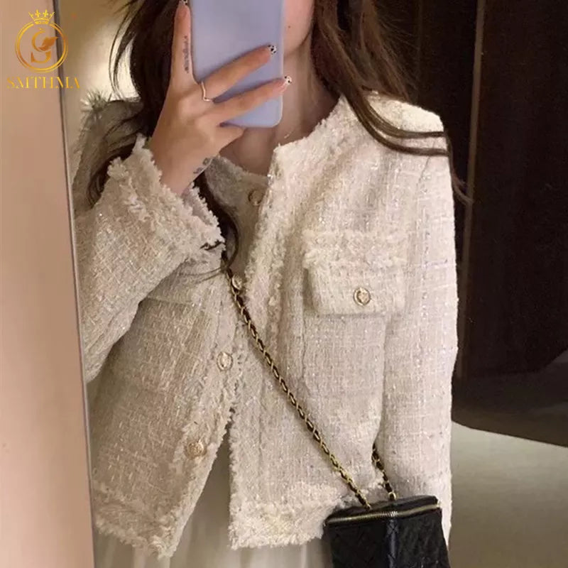 Chic Vintage Tweed Jacket for Women Boutique Fashion Single Breasted Short Coat