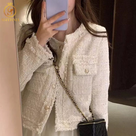 Tweed Jacket Women Chic Vintage Single Breasted Short Designer Inspired Casual Coat Outerwear