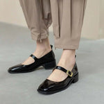 Women's Genuine Leather Square Toe Med Heel Shoes Buckle Strap Mary Jane Pumps