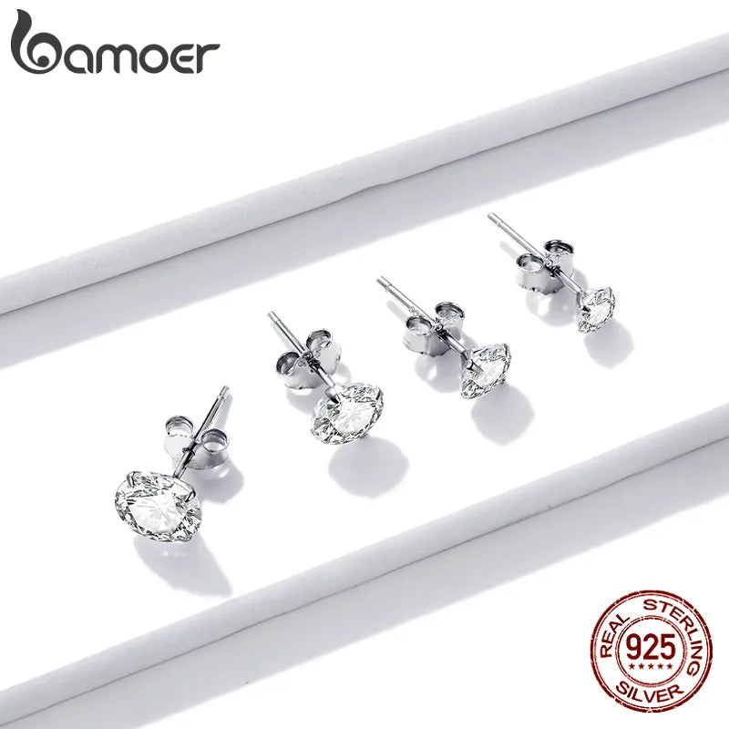 925 Sterling Silver Platinum Plated Stud Earrings Round Cubic Zirconia Hypoallergenic Earrings