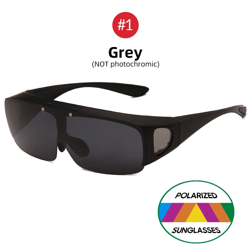 Black sunglasses with gray lenses on a white background, featuring a 'Polarized Sunglasses' logo.