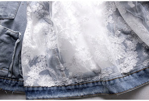 Women's Jean Jacket Embroidered Lace Patchwork Sexy Denim Jacket Frayed Tassel Loose Blue Jean Jacket