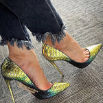 Yellow Green Gradient Color Snakeskin Pumps High Heel Stiletto Shoes Sexy 12cm Thin Heel Pointed Toe Dress Pumps Luxury Shoes