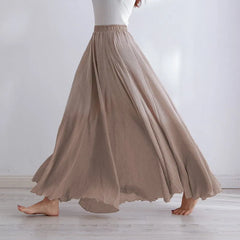 Cotton Linen Maxi Skirt Women's Casual Elastic High Waist Pleated A-Line Boho Skirts