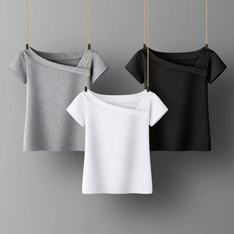 Blouse Women Short Sleeve Skew Collar Casual Chic Everyday Spring Summer Fashion Top Shirt