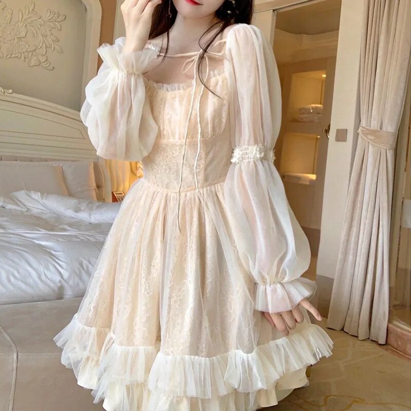 French Style Fairy Bandage Chiffon Dress for Women Casual Lace Long Sleeve Vintage Y2k Mini Dress