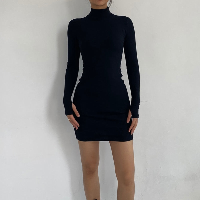 Sexy Rib Knit Warm Mini Dress Solid Turtleneck Skinny Mini Dress