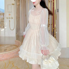 French Style Fairy Bandage Chiffon Dress for Women Casual Lace Long Sleeve Vintage Y2k Mini Dress
