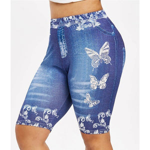 Women's Faux Denim Butterfly Print Short Leggings Running Tights Yoga Shorts