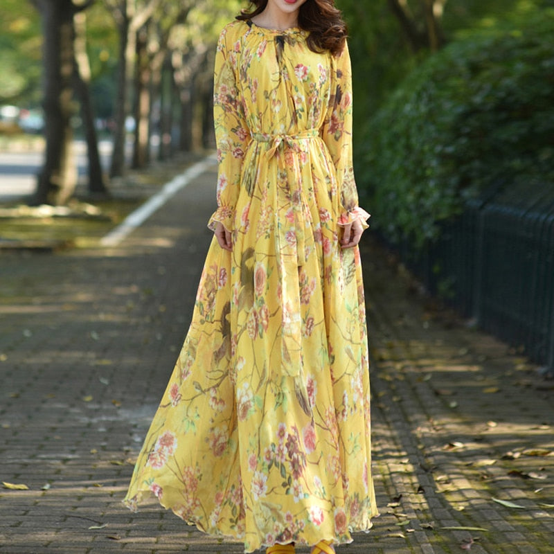 Women's Floral Printed  Loose Chiffon Maxi Dress