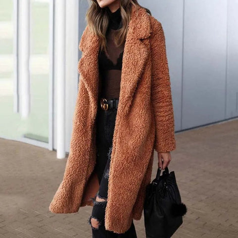 Faux Fur Long Coat Women Plush Thick Warm Casual Autumn Winter Elegant Outerwear Fashion