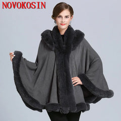 Thick Winter Warm Fur Hooded Shawl Coat For Women Poncho Cape Faux Fur Collar Knitted Cloak Loose Shawl Coat With Hood