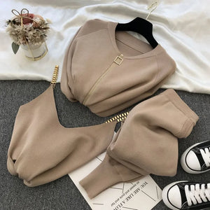 New Fall And Winter 3-Piece Knitted Pant Set Zipper Cardigan + Camisole + Pants Boutique Fashion Suit for Women Casual Tracksuit Set