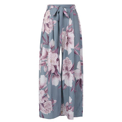 Women's Casual Loose Y2K Pants Floral Print Palazzo Baggy Pants High Waist Lace Up Wide Leg Boho Trousers