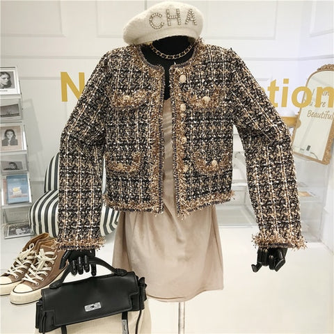 Short Tweed Jacket Women Elegant Chic Casual Office Outerwear Contemporary Fashion