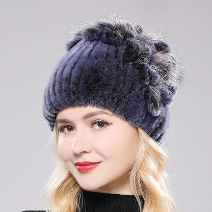 Women's Genuine Rex Rabbit Fur Hat Striped Top Flower Warm Real Fur Knit Beanie Caps