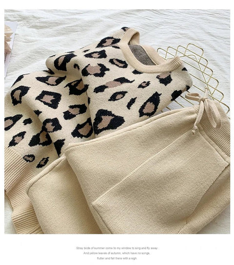 Pant Set Women 2-Piece Designer Knit Leopard Pullover Sweater Elastic Waist Sweat Pants Leisure Outfit