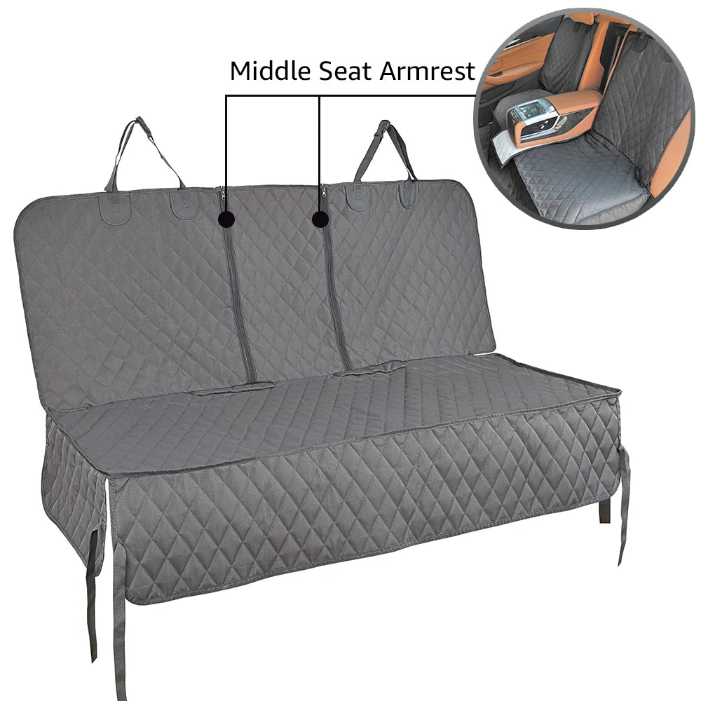 Gray car seat cover with middle seat armrest feature on a white background