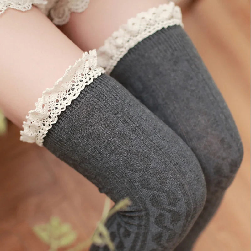 Thigh High Over The Knee Stockings Fashion Lace Knee Socks Cotton Warm Long Stocking Knit Lace