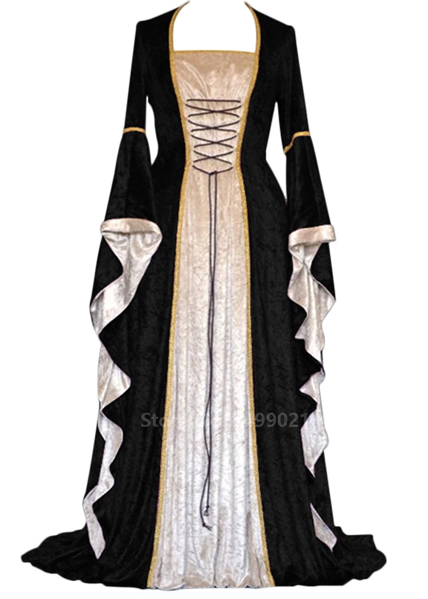 Medieval Princess Cosplay Halloween Costume Long Dress Elegant Witch Square Collar Masquerade Wear
