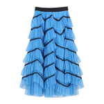Women's Blue Ruffle Layered Dance Long Skirt Lace Cake Mesh Long Skirt High Waist Fluffy Layered Party Skirts