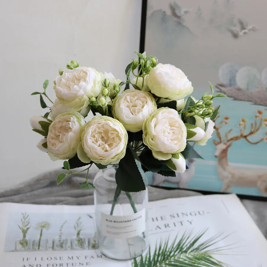 Artificial Flowers Bouquet Silk Roses with Vase for Home Decor Garden Wedding Mothers day