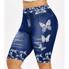 Women's Faux Denim Butterfly Print Short Leggings Running Tights Yoga Shorts