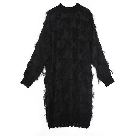 Long Sleeve Maxi Dress Women Stand-Up Collar Black Sheer Split Joint Plus Size Casual Fashion