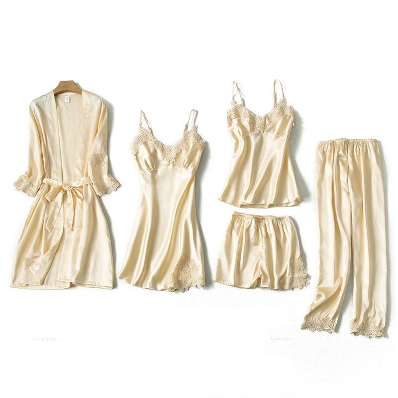 Satin Lace Pajama Set Women 2-5 Piece Night Robe Gown Sleepwear Casual Loungewear Fashion