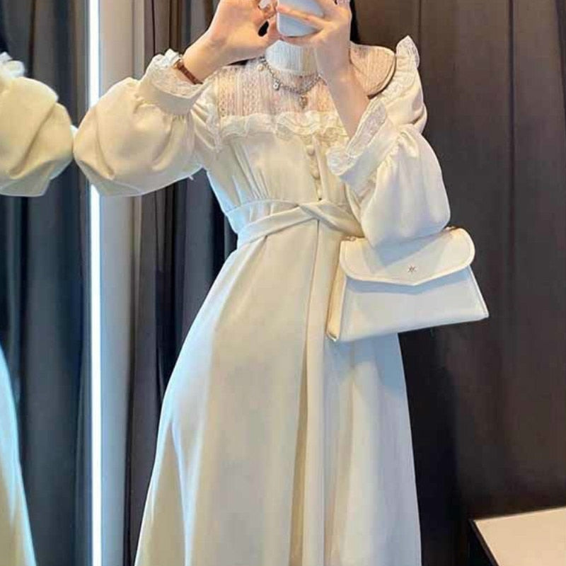 Women's French Lace Vintage Dress Puff Long Sleeve Elegant Midi A-Line Dress