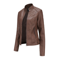 Women's Faux Leather Jacket Spring Autumn Motorcycle Style Stand-up Collar Jacket