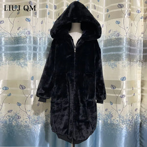 Oversized Winter Faux Fur Coat for Women Parka Long Warm Vegan Fur Jacket with Hoodie