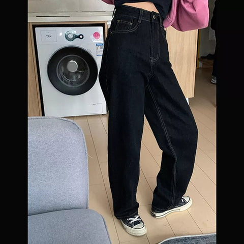 Jeans Women Vintage Black High Waist Wide Leg Straight Baggy Streetwear Fashion Denim Trousers