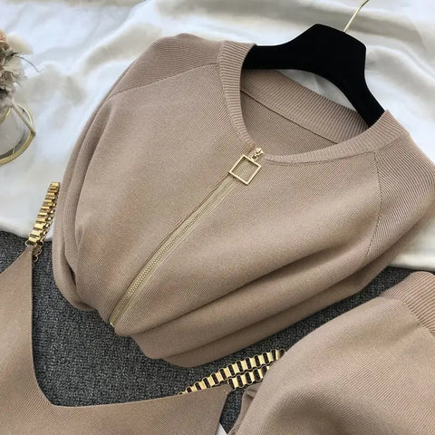 Pant Set Women 3-Piece Knitted Zipper Cardigan Camisole Pants Designer Inspired Casual Tracksuit Fall Winter