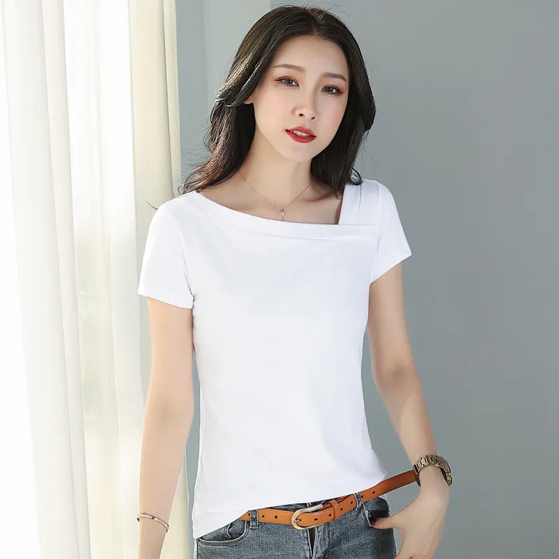 Women's Short Sleeve Shirt Skew Collar Blouse