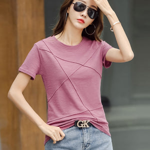 Women's O-Neck Cotton T-Shirts Short Sleeve Ribbed Tops