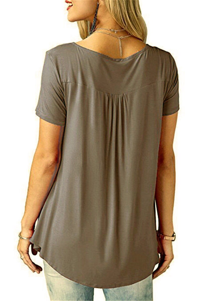 Women's Casual Short Sleeve Long Loose T-Shirts Buttons Pleated Tunic V-Neck Loose Tops