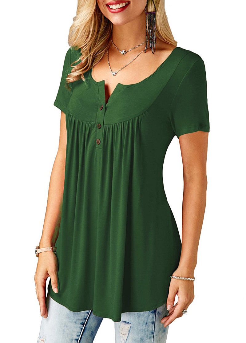 Women's Casual Short Sleeve Long Loose T-Shirts Buttons Pleated Tunic V-Neck Loose Tops