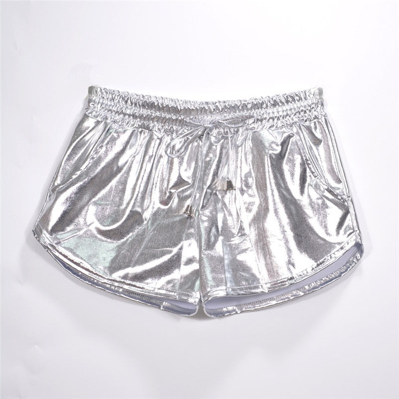 Women's Shiny Metallic Hot Shorts Wet Look Casual Elastic Drawstring Booty Shorts