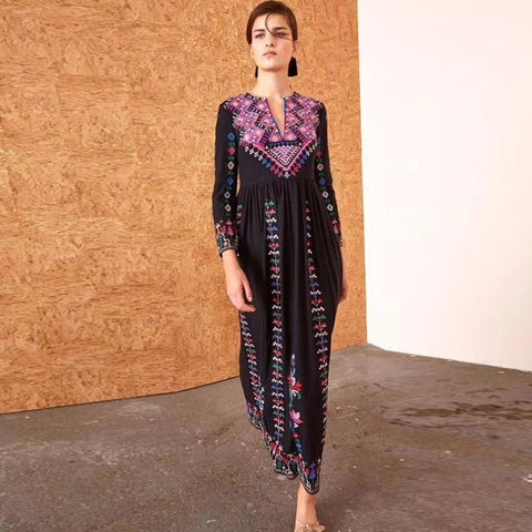 Maxi Dress Women Bohemian Embroidered Pattern V-Neck Holiday Travel Beach Casual Summer Dress