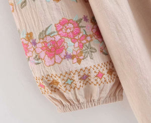 Floral Embroidery Linen Cotton Blouse