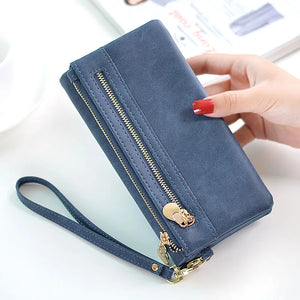 PU Leather Long Matte Wallet Vintage Solid Coin Purse Luxury Double Zipper Clutch Bag ID Credit Card Holder Wallet