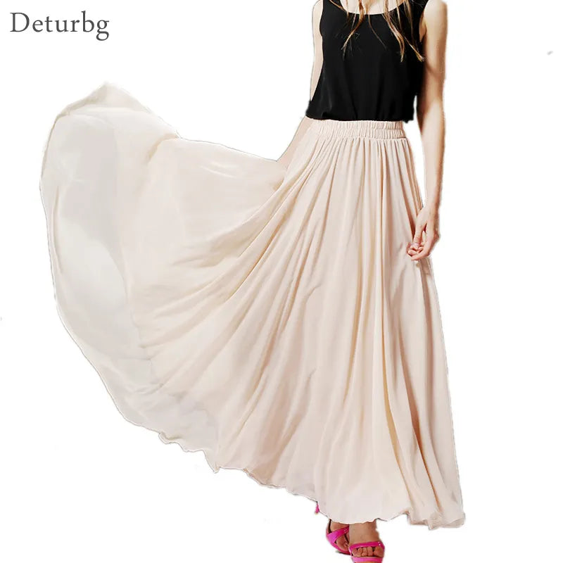 Women's Boho 3-Layer Chiffon Long Skirt High Waist Non-Transparent Maxi Skirts