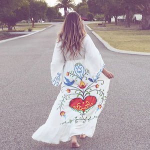 Summer Bohemian Dress Floral Embroidery with Tassel Vintage Maxi Dress
