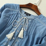 Embroidered Denim Dresses for Women Long Sleeve O-Neck Casual Shirt Dress Spring Fall Jean Dress