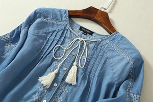 Embroidered Denim Dresses for Women Long Sleeve O-Neck Casual Shirt Dress Spring Fall Jean Dress