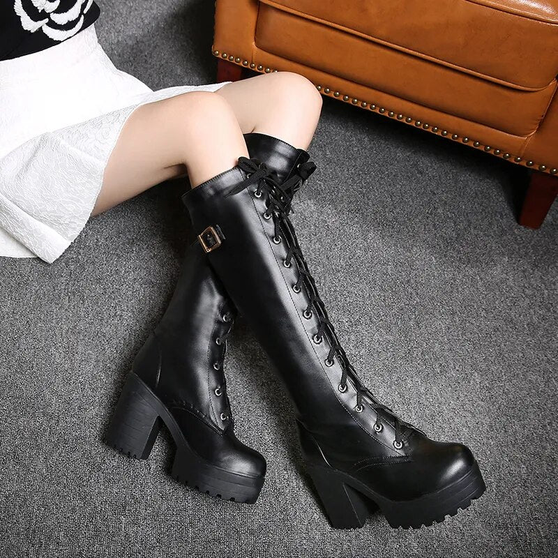 Women's Gothic Lace Knee High Boots Fashion Faux Leather Boots