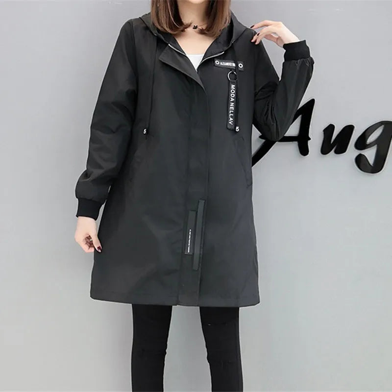 Women's Academia Trench Coat Spring Autumn with Hood Slim Students Clothes Windbreaker Coat