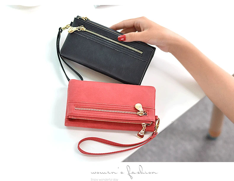 PU Leather Long Matte Wallet Vintage Solid Coin Purse Luxury Double Zipper Clutch Bag ID Credit Card Holder Wallet