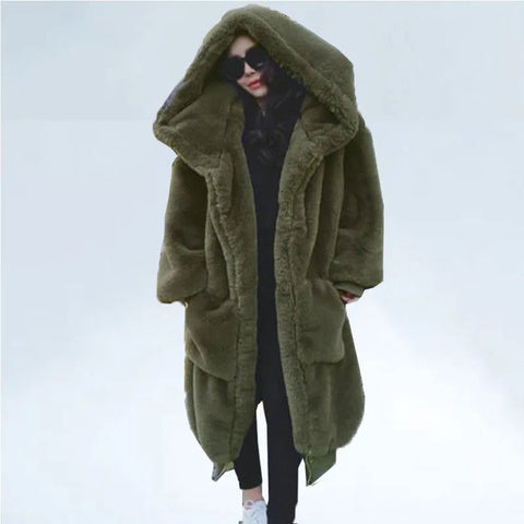Oversized Faux Fur Parka Women Long Warm Vegan Fur Hooded Winter Casual Outerwear Fashion